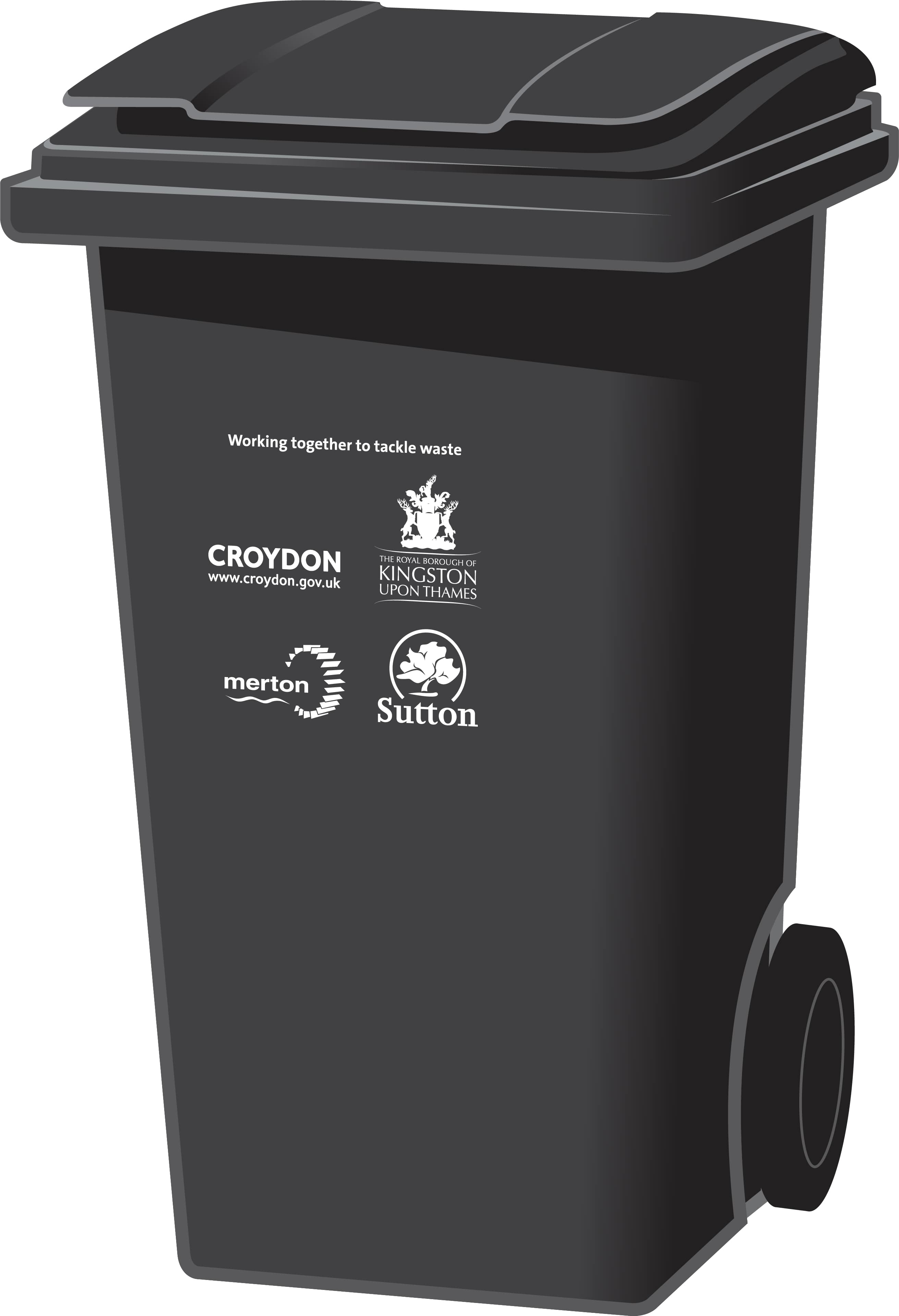 Black wheelie rubbish bin with South London Waste Partnership logos on it.