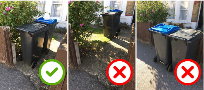 Wheelie bins correctly on a house’s front driveway, inside the property boundary of a fence. Two incorrect examples of bins a long way back from the pavement and bins put on the pavement.