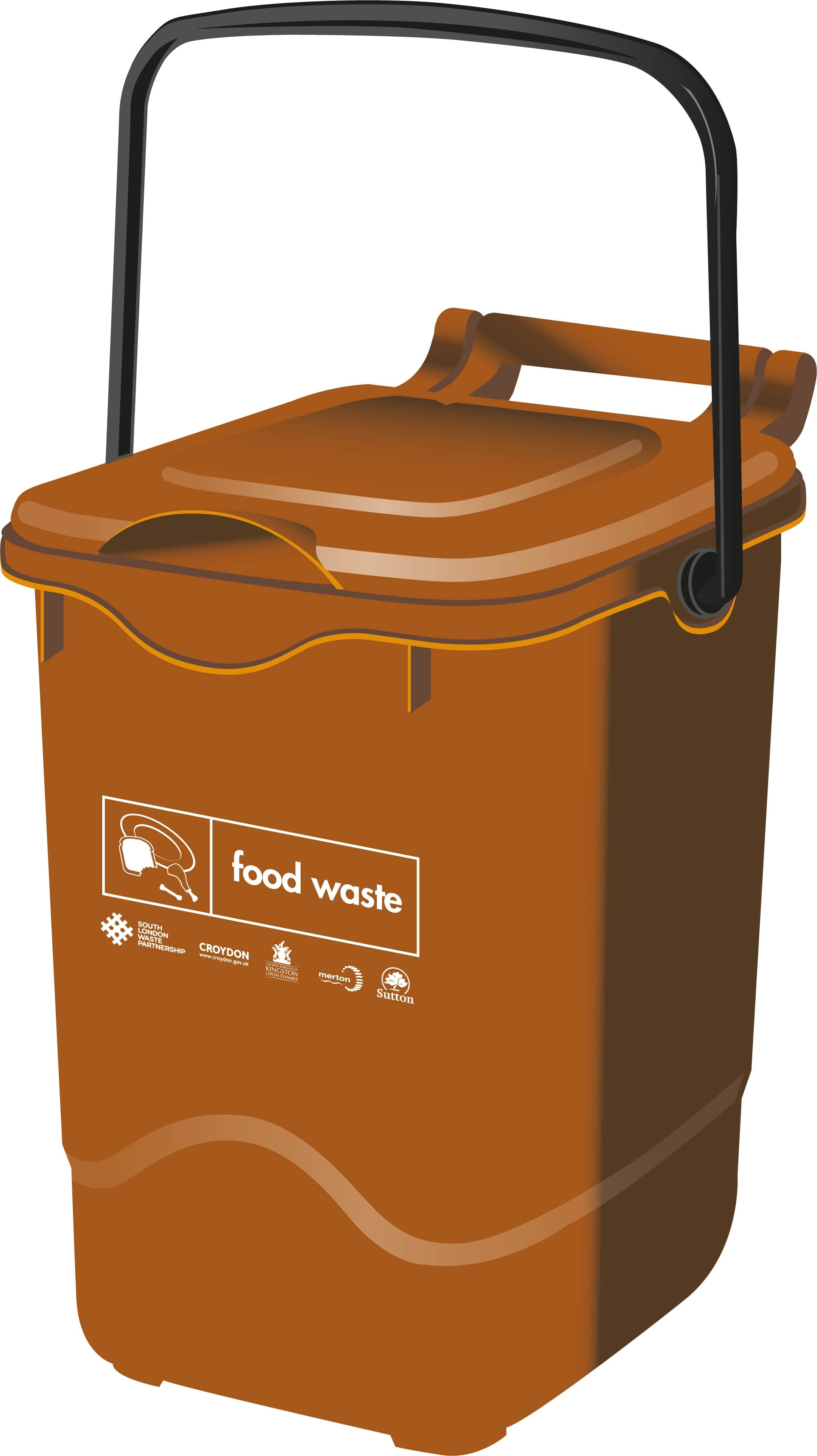 Brown outdoor lockable food waste bin with South London Waste Partnership logos on it.