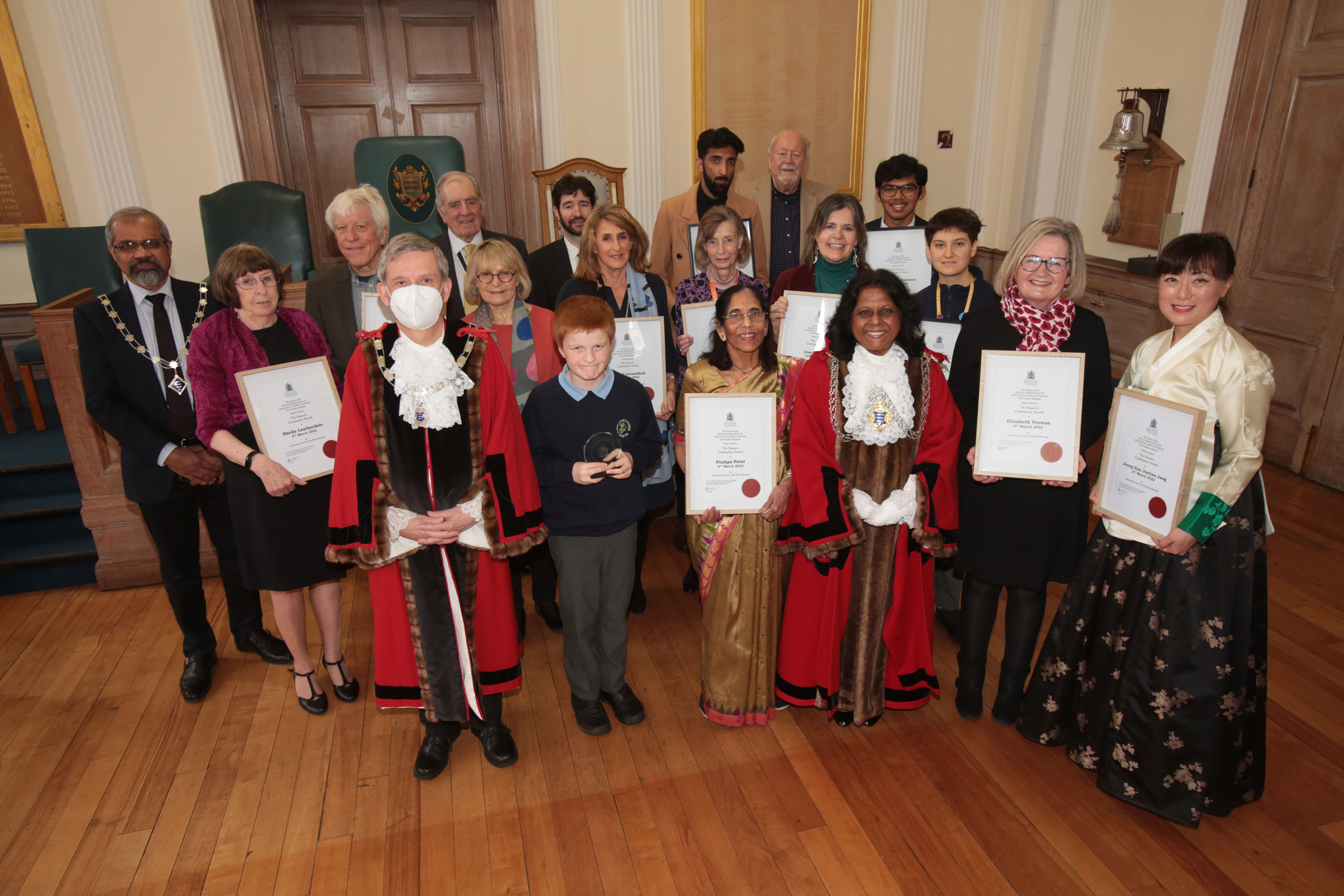 The Mayor of Kingston with the winners of Community Awards, along with the Leader of the Council, Deputy Mayor and the Mayor's Consort.