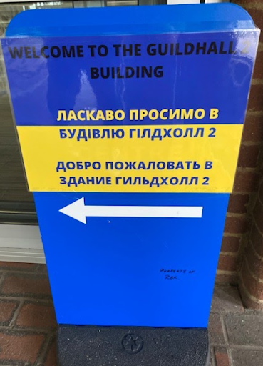 Welcome sign for Ukrainian refugees arriving at Guildhall in Kingston