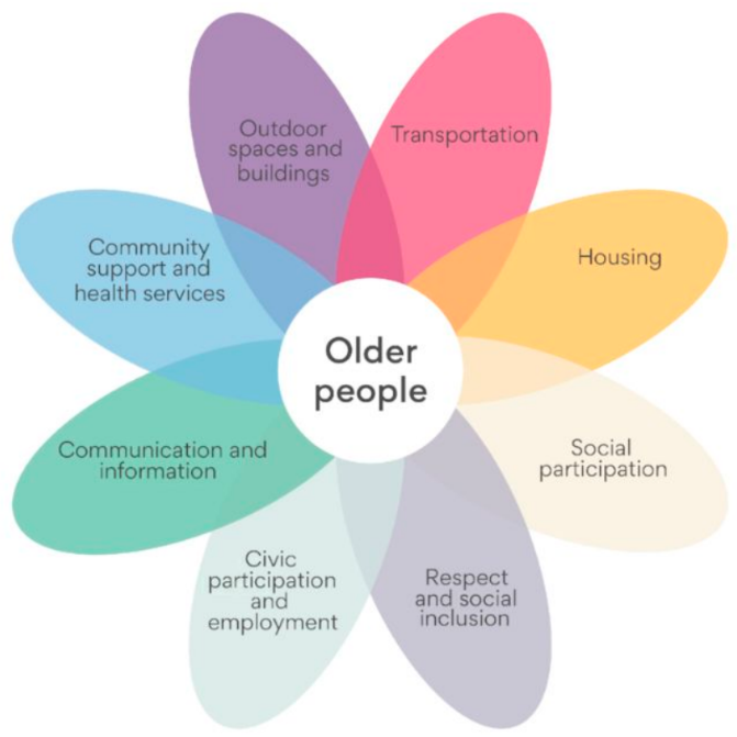 A flower format image showing the eight areas for attention in developing Age Friendly Kingston