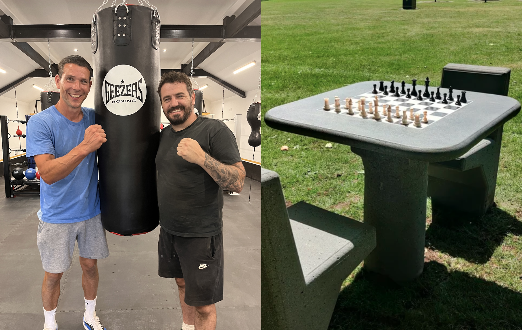 2 photos, first of Luke Moran and Ben Young at Two Kings Boxing Gym and second of one of the concrete outdoor chess tables at Chess Corner in Fairfield park.