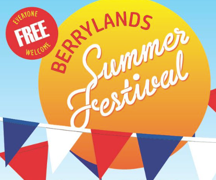 Bright yellow sun shape on a sky blue background with red white and blue bunting in front. Words on the sun say Berrylands Summer Festival. There is a smaller red circle with words Free, everyone welcome