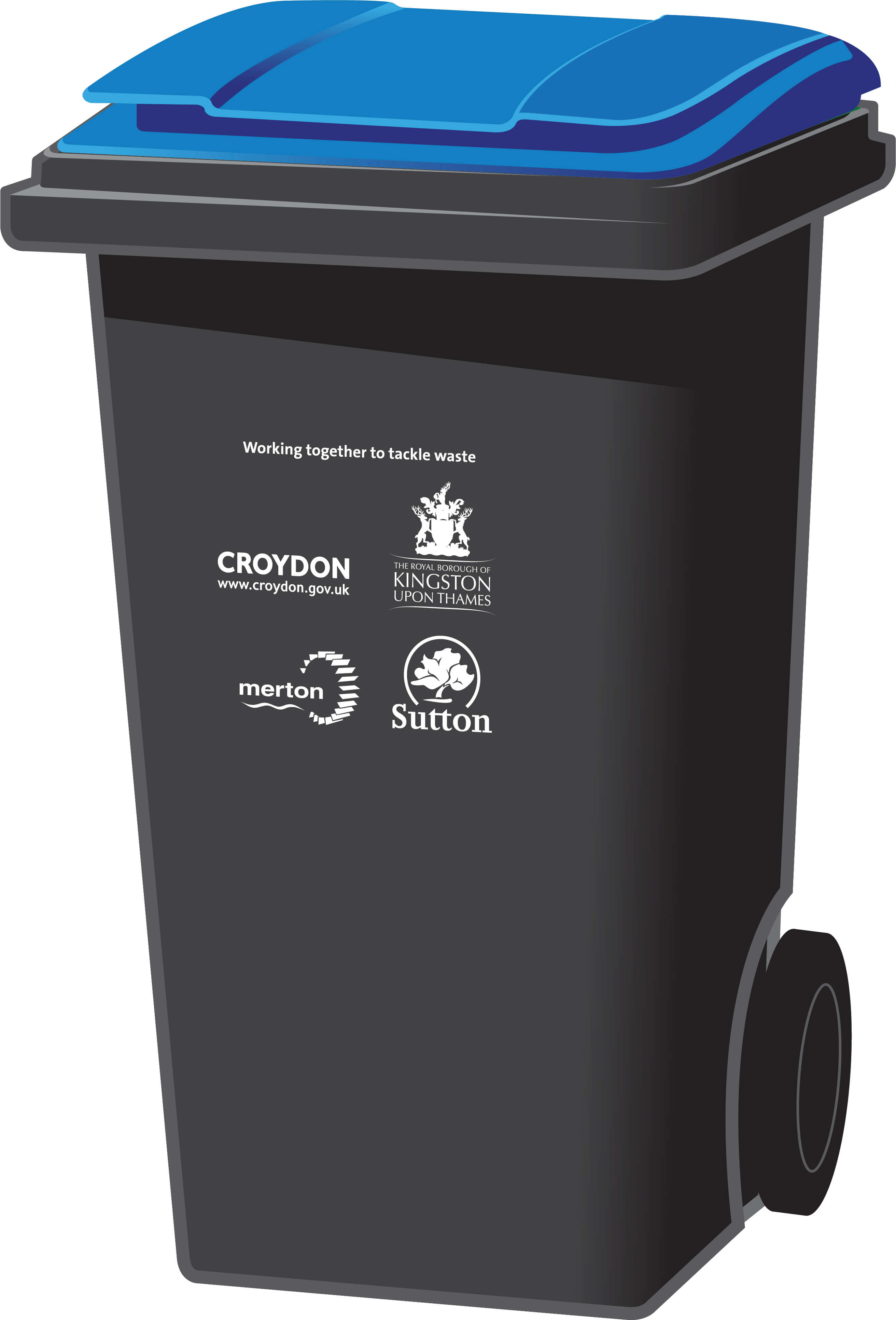 Grey wheelie bin with a blue lid with South London Waste Partnership logos on it.