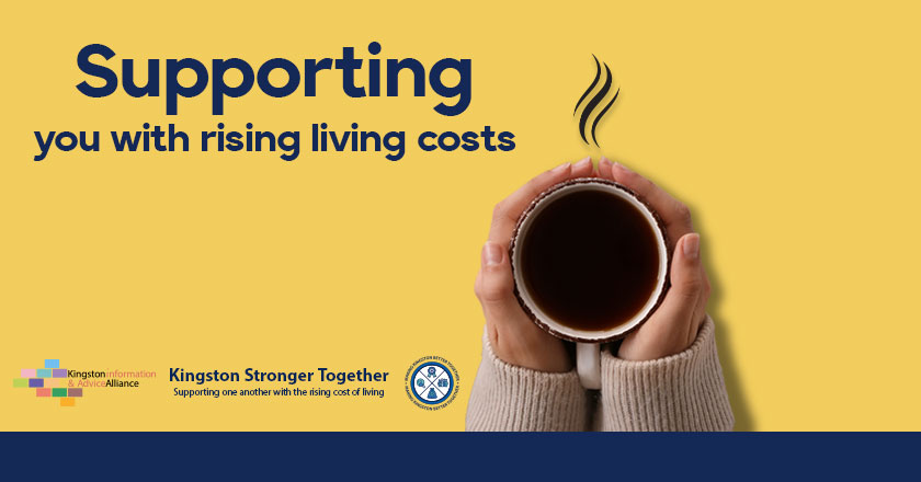 Supporting you wit living costs banner. Hands holding a hot drink.