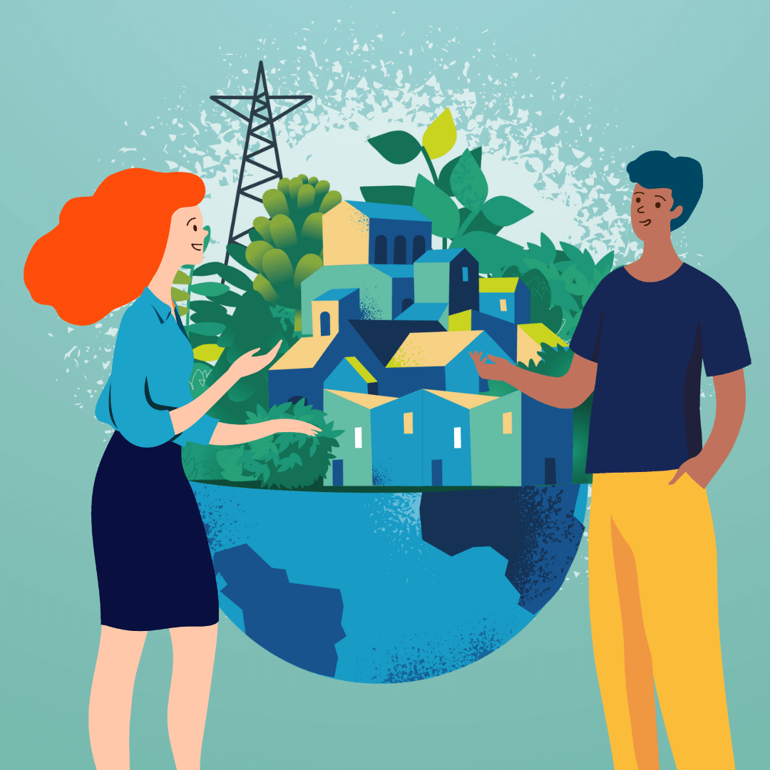A lady with red hair and a man with yellow trousers have a natter in front of an illustration of planet Earth.