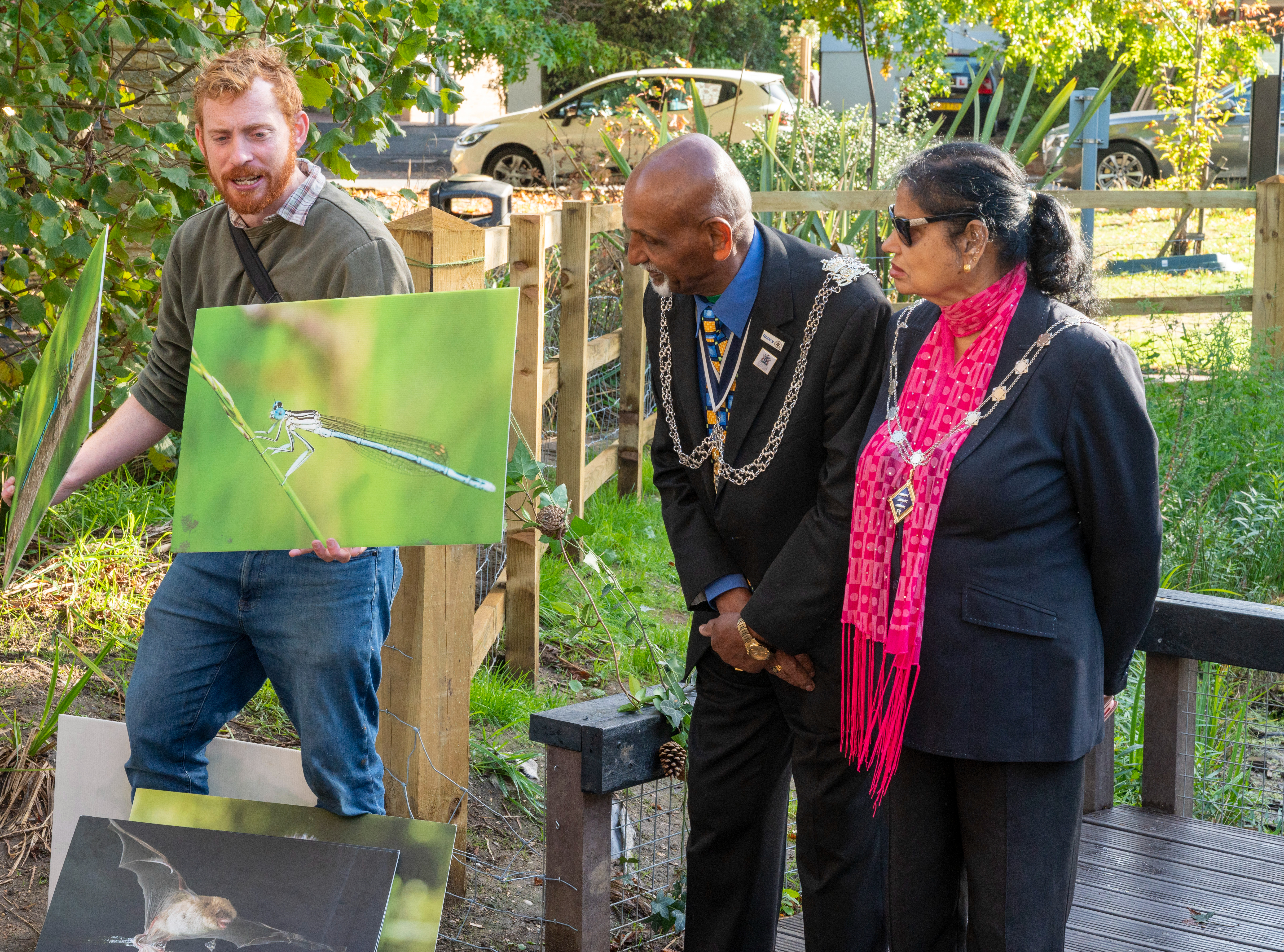 Biodiversity Officer and Royal Borough of Kingston Mayor opening Claremont Gardens pond.