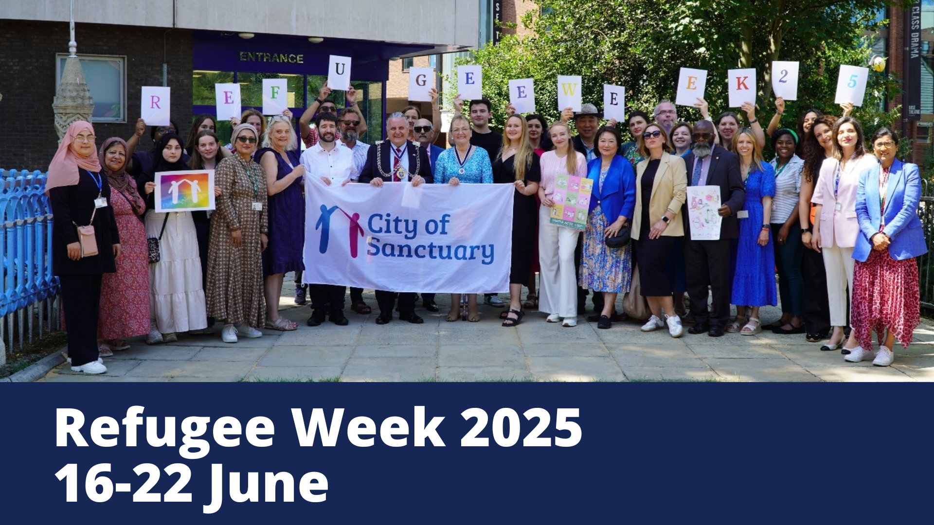 Photo of the City of Sanctuary flag with the words Refugee Week 2025