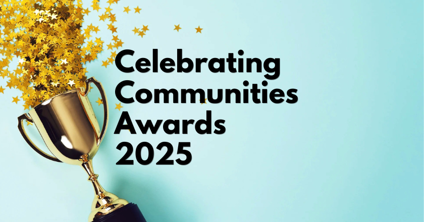 Gold trophy with text next to it saying 'Celebrating Communities Awards 2025'