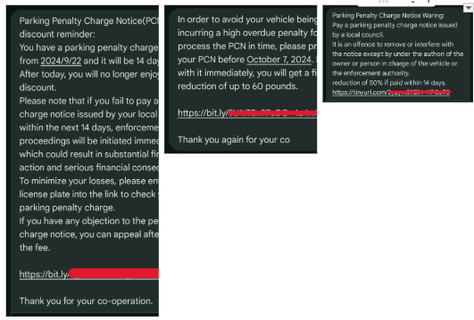 Examples of fake PCN text messages