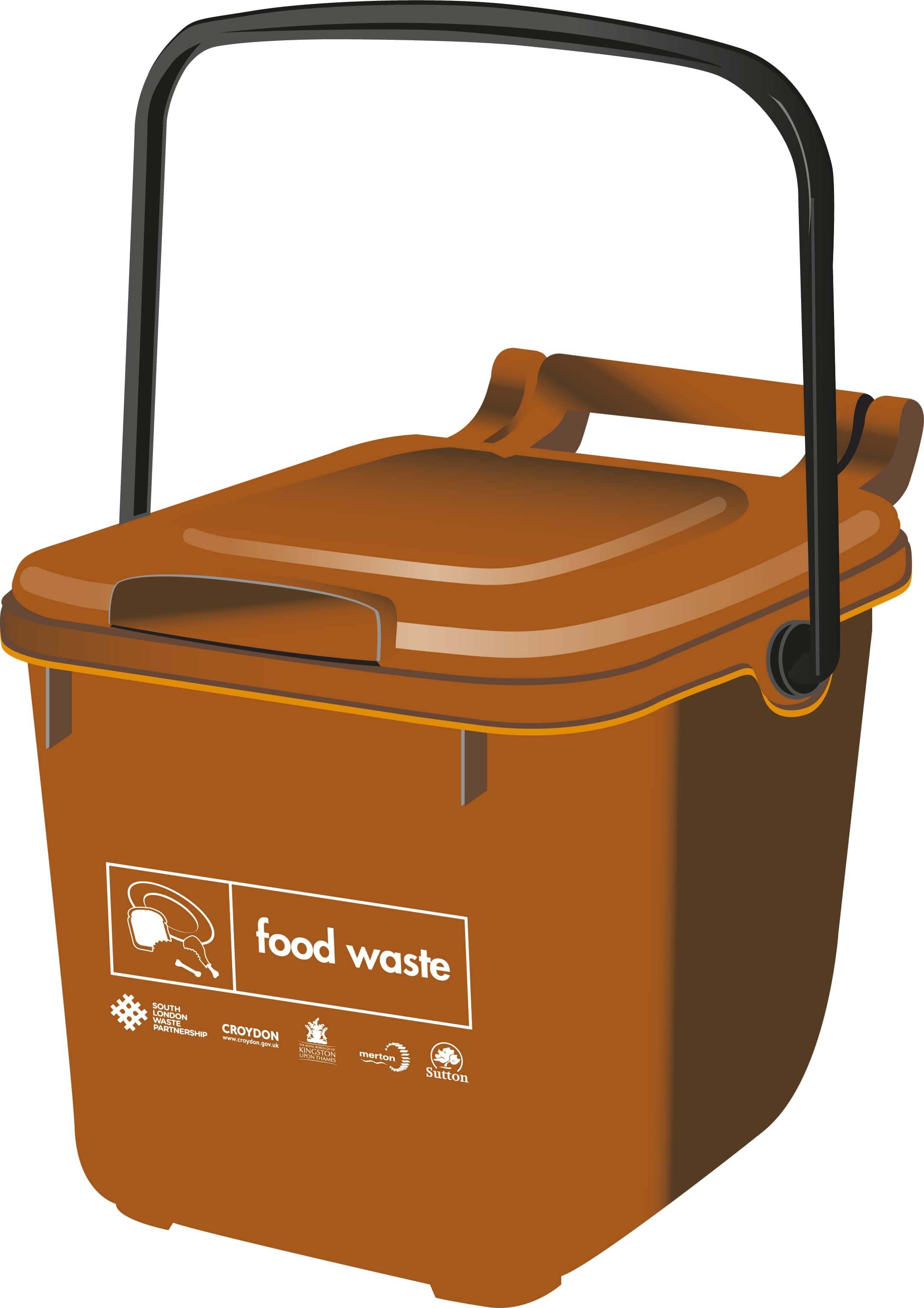 Brown indoor lockable food waste bin with South London Waste Partnership logos on it.