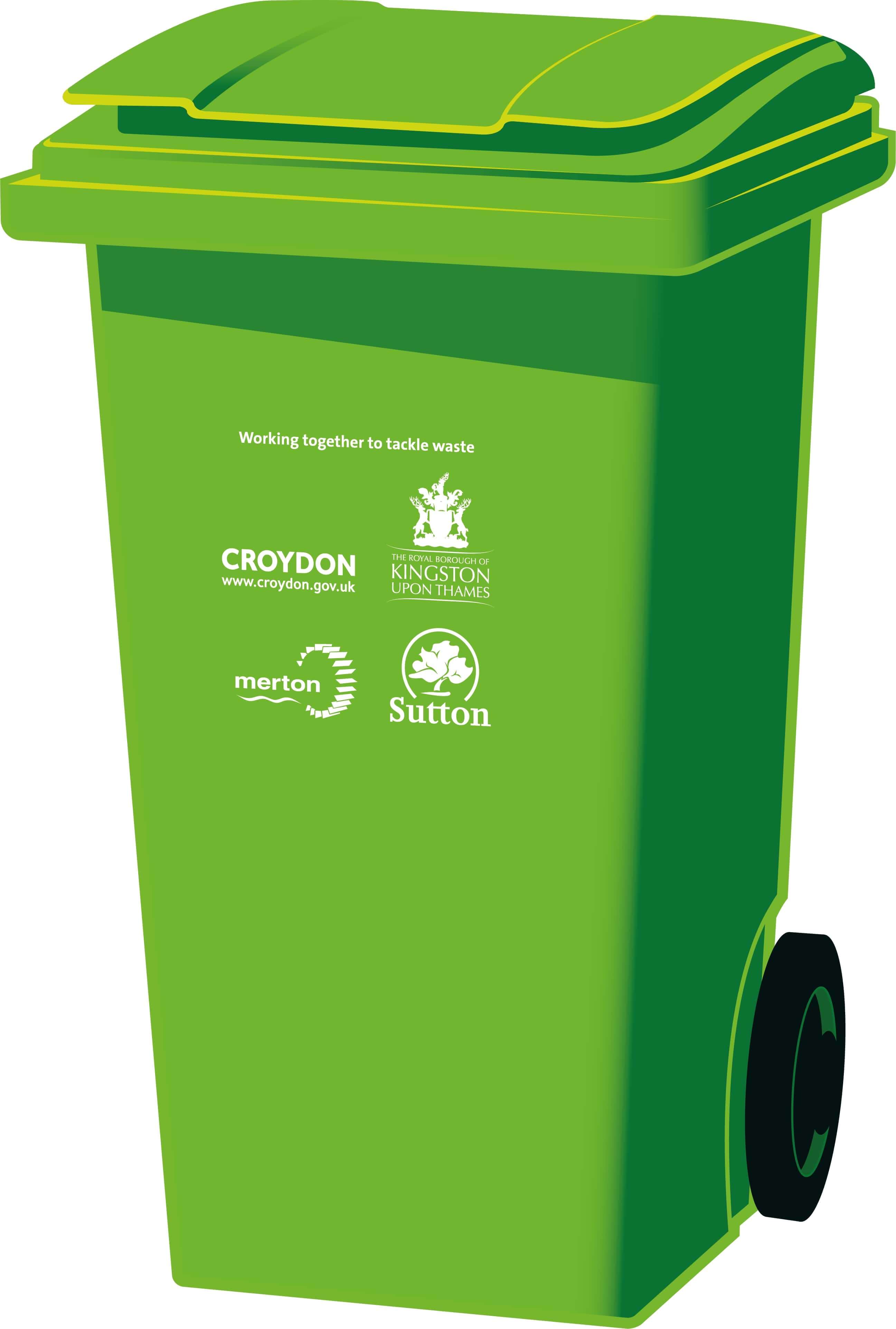 Green recycling wheelie bin with South London Waste Partnership logos on it.