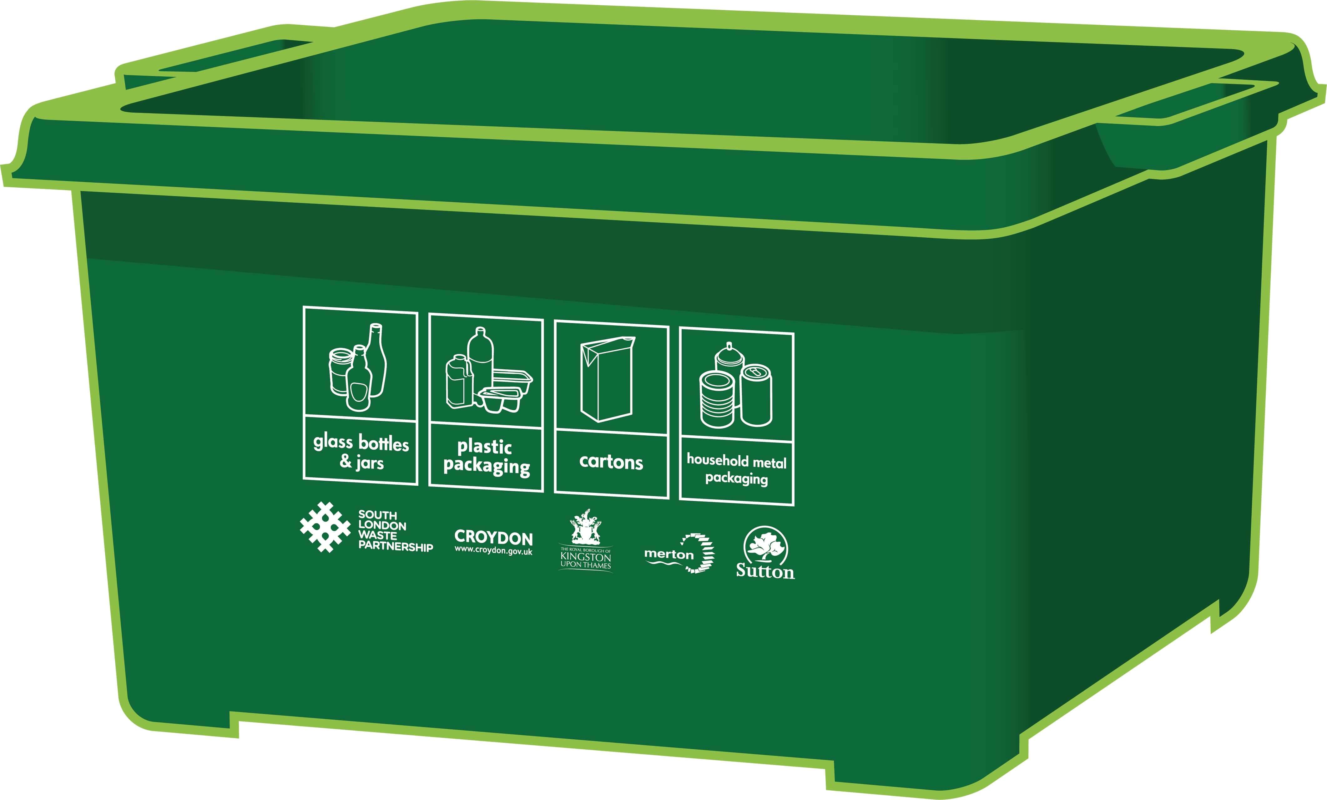 Green recycling plastic box with South London Waste Partnership logos on it.