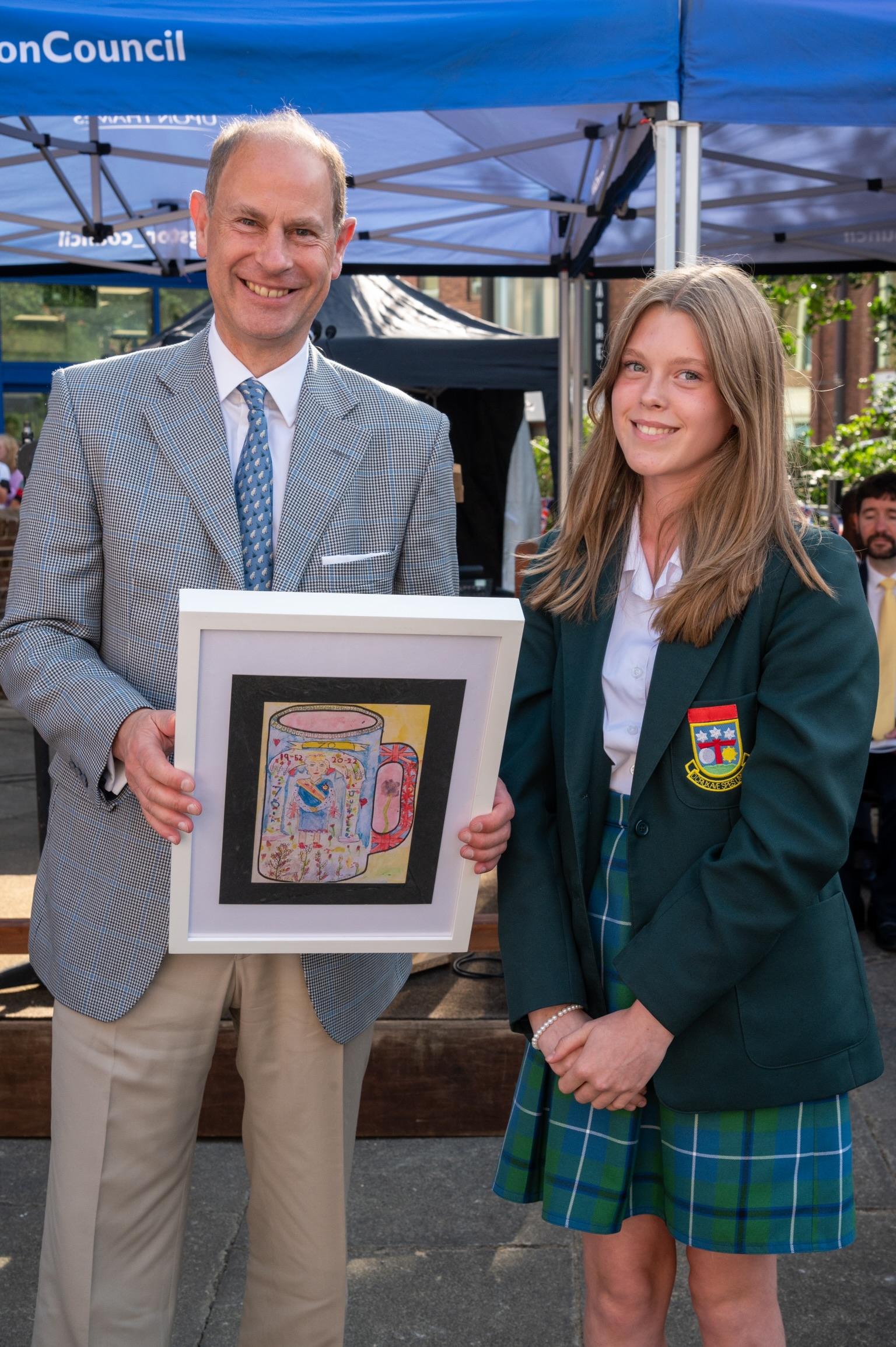 Earl of Wessex with Erin Geraghty, 12, winner of the Heritage Service's Jubilee Competition