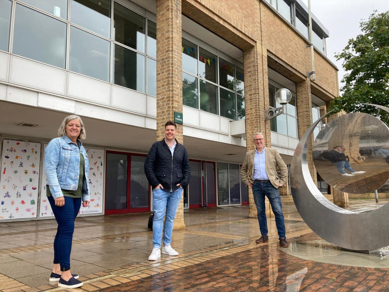 Mandy Weston Founder & COO, TownSq, Jamie McGowan Community Director, Town Sq and Cllr John Sweeney, Portfolio Holder for Business and Leisure at Kingston Council, outside John Lewis on Kingston Riverside