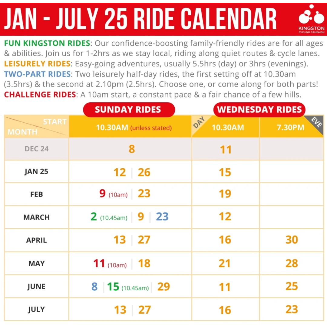 Kingston Cycle Campaign's rides for 2025. Visit https://kingstoncycling.org.uk/rides-2/ for full details.
