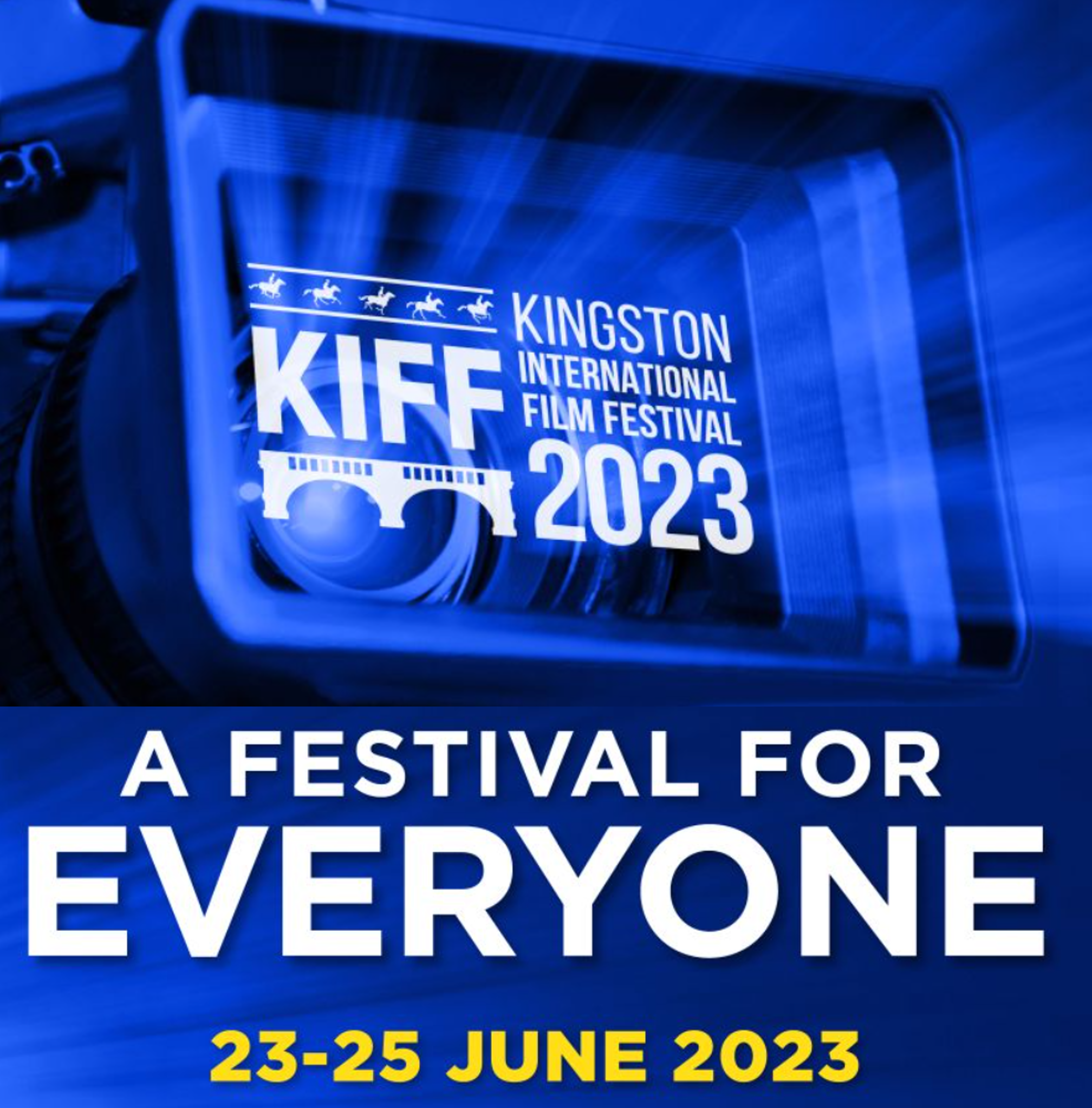 Dark blue picture of a movie camera lens with the KIFF logo in the centre. text - A Festival for Everyone, 23-25 June 2023