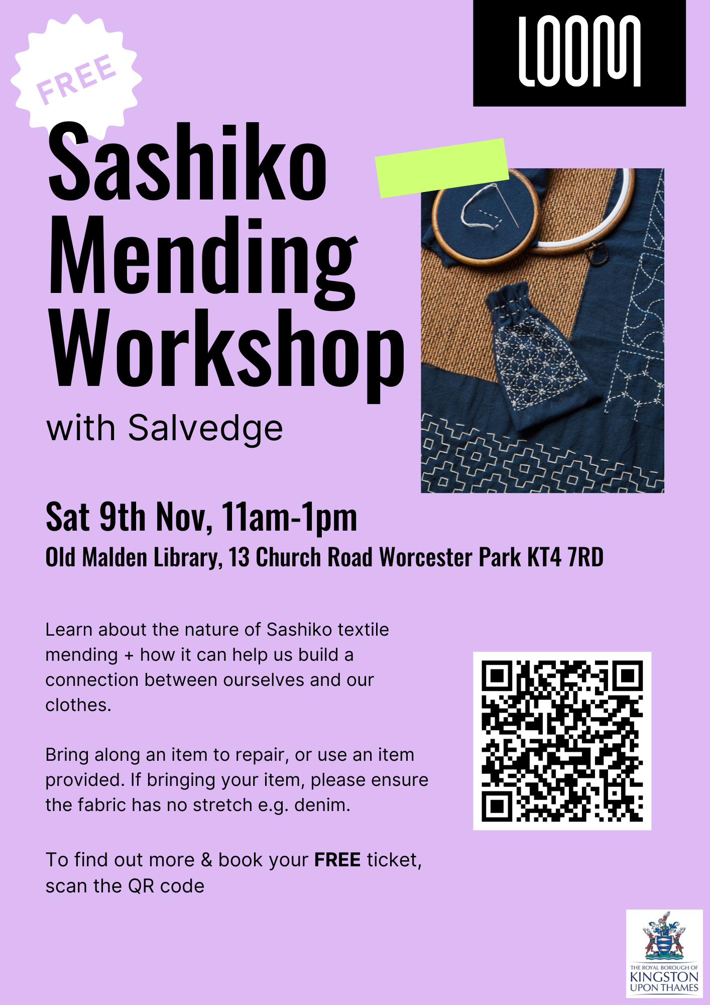 Sashika mending workshop poster. Event detail are within the content of the page