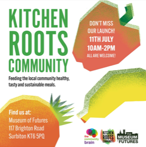 White picture with a pepper, banana and tomato. Advertising the Kitchen Roots Community weekly lunch at 10am to 2pm every Tuesday at the Museum of Futures in Surbiton.