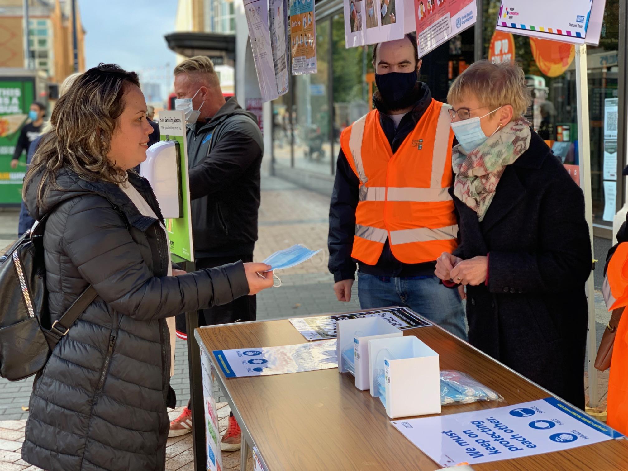Council Leader Caroline Kerr at the face mask stall in Kingston