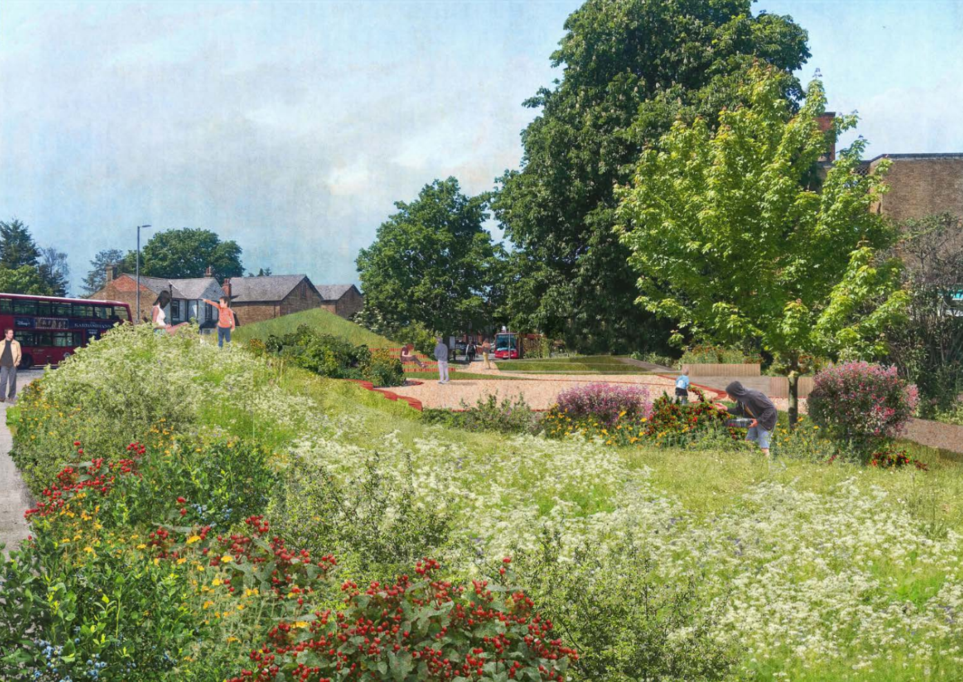 Image showing flowers and grass with trees in the background, with people dotted throughout the space.