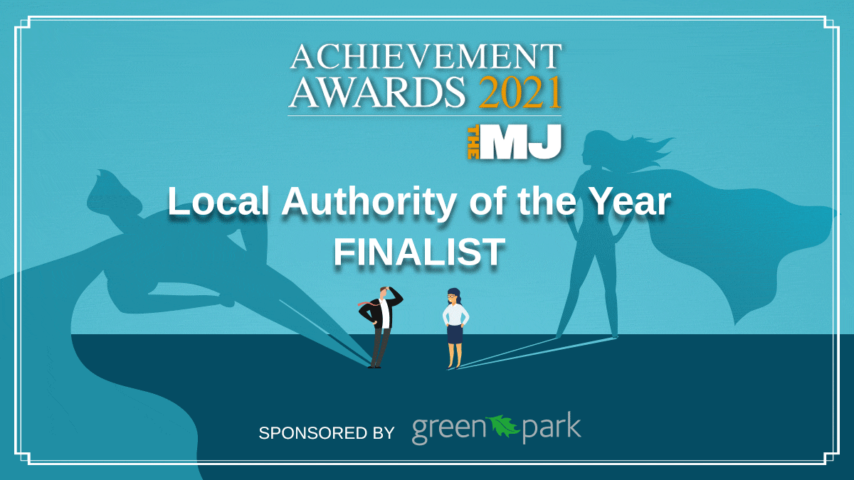 A blue MJ Awards banner image which has a picture of two cartoon figures, in office clothing, whose shadow is that of a superhero. It says 'Local Authority of the Year Finalist'
