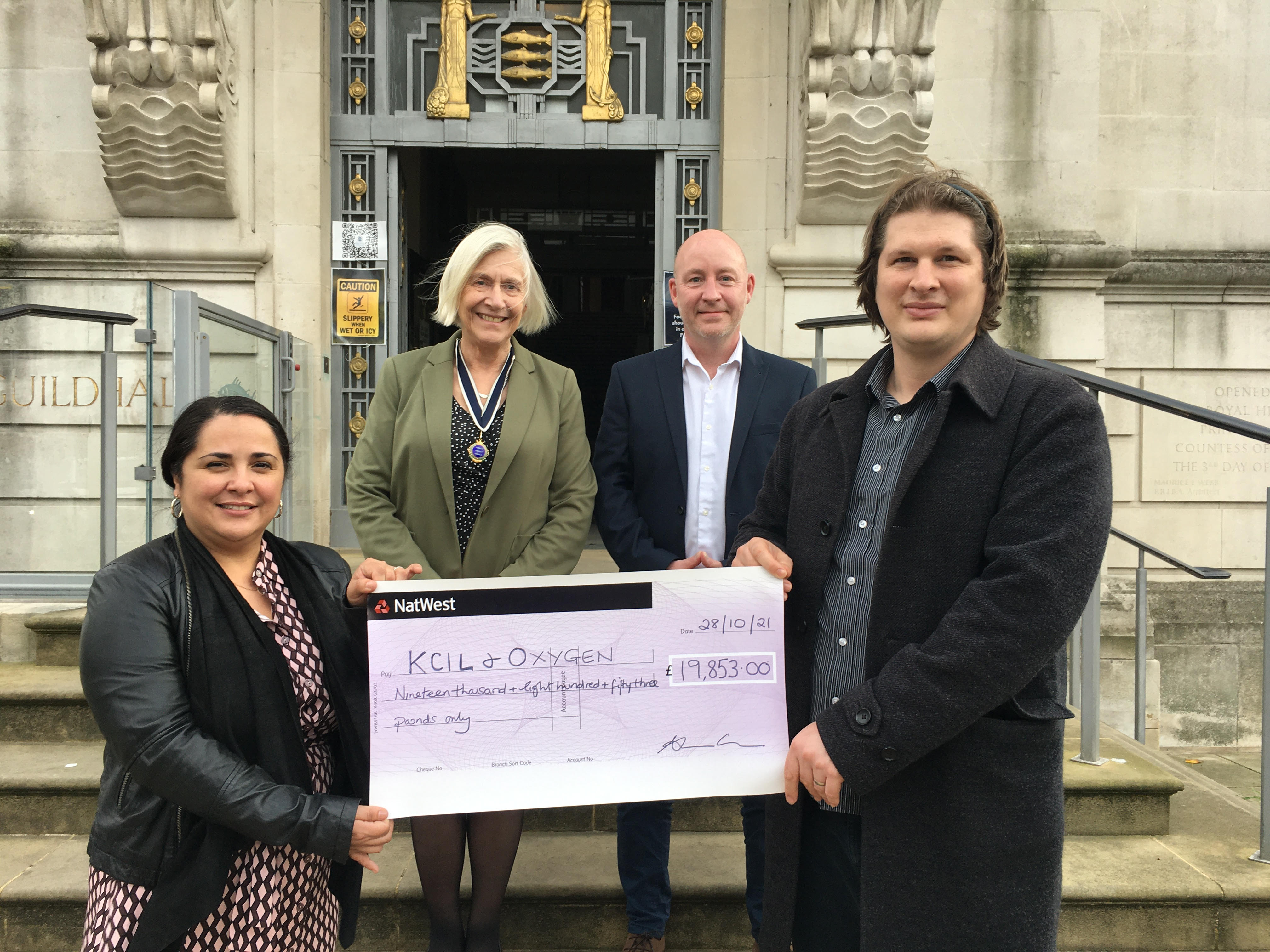 An image of the Chair of KCIL - Monica Quinton, Former Mayor - Cllr Margaret Thompson, CEO of KCIL -  Jason Lamont and Comms &amp; Development Manager at Oxygen - Charlie Bamford