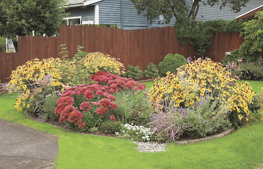 Lush plants in yellows, greens and reds sit in the middle of a grass lawn.