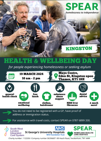 A green poster with a photo of a mans providing advice to another man. Logos for different support including General health check, emotional wellbeing, free lunch, clothes, hairdresser, substance abuse support, NHS Liver Fibroscan, dental advice and more