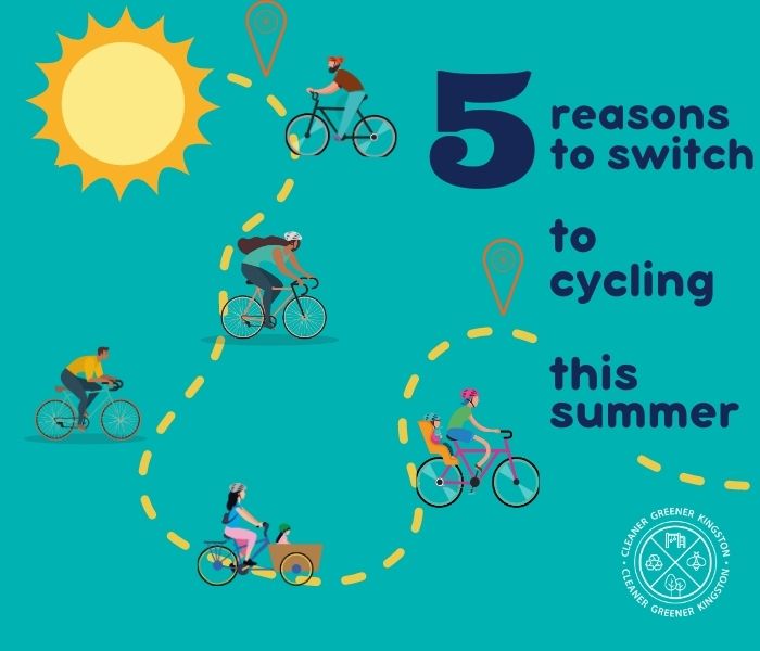 5 reasons to switch to cycling this summer illustrated with people on bikes