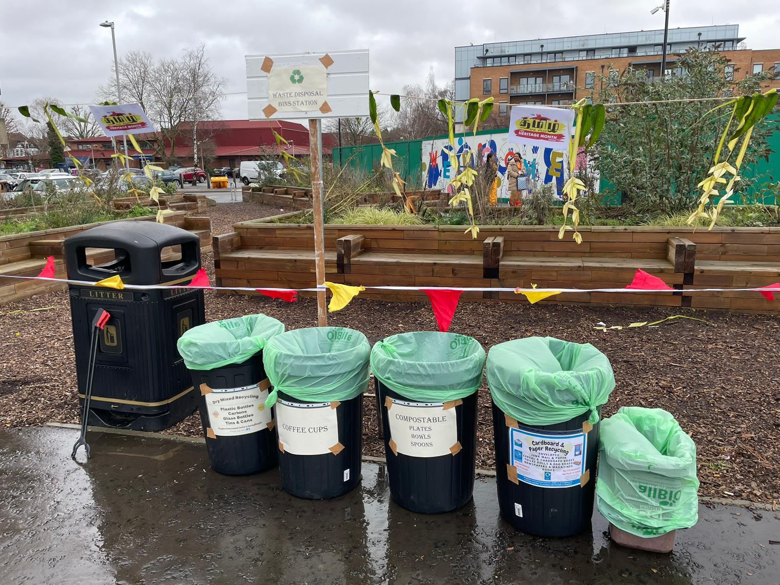 Pictures of recycling bins at the Tamil festival in New Malden, 2024.