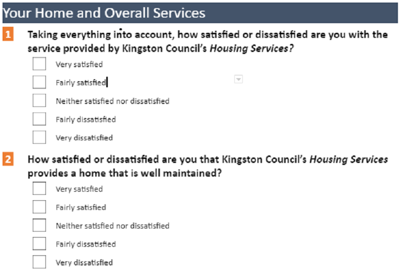 Example of questions asked in the tenant survey