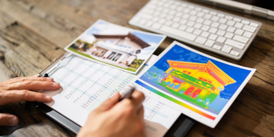 A person reviews a thermal image photograph of a house.