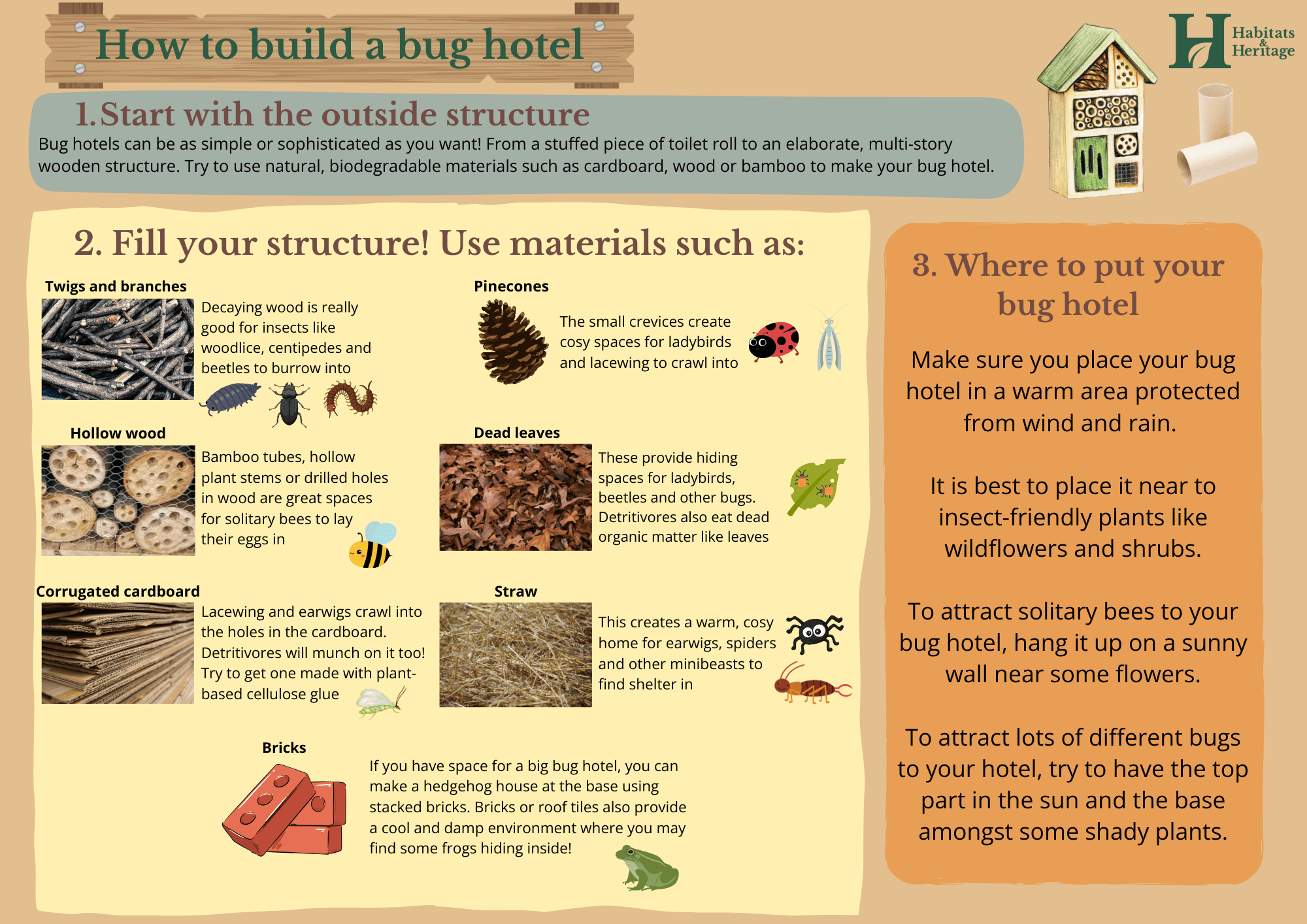 1. Start with the outside structure.
But hotels can be as simple or as sophisticated as your want! From a stuffed piece of toilet roll, to an elaborate multistory structure, Try to use natural, biodegradable materials, like cardboard, wood oe bamboo to make your bug hotel.
2. Fill your structure!
Use materials, such as:
Twigs and wood. Decaying wood is really good for insects like woodlice, centipedes and beetles to burrow into.
Hollow wood. Bamboo tubes, hollow plant stems or drilled holes in wood are great spaces for solitary bees to lay their eggs in.
Corrugated cardboard. Lacewing and earwigs crawl into the holes in the cardboard. Detritivores will munch on it too! If possible, use cardboard made with plant based glue.
Pinecones. The small crevices create cosy spaces for ladybirds and lacewing to crawl into.
Dead leaves. These provide hiding spaces for ladybirds, beetles and other bugs. Detritivores also eat dead organic matter like leaves.
Straw. This creates a warm, cosy home for earwigs, spiders and other minibeasts to find shelter in.
Bricks. If you have space for a big bug hotel, you can make a hedgehog house at the base using stacked bricks. Bricks or roof tiles also provide a cool damp environment where you may find some frogs inside!
3. Where to put your bug hotel.
Make sure you place your bug hotel in a warm area protected from wind and rain. It is best to place it near to insect friendly plants like wildflowers and shrubs. To attract solitary bees to your bug hotel, hang it up on a sunny wall near some flowers. To attract lots of diffrerent bugs to your hotel, try to have the top part in the sun and the base amongst some shady plants.