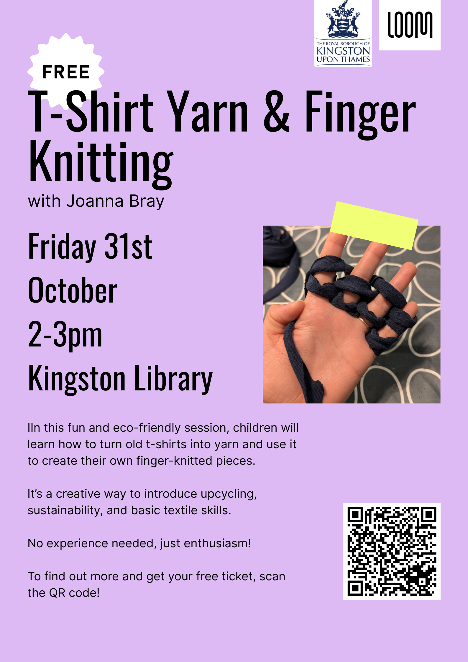 A purple poster detailing the free Finger Knitting Workshop taking place at Kingston Library between 2pm and 3pm on Friday 31 October