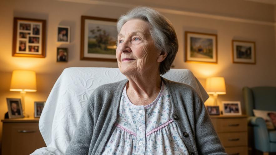 Beryl sat in a chair in a cosy room