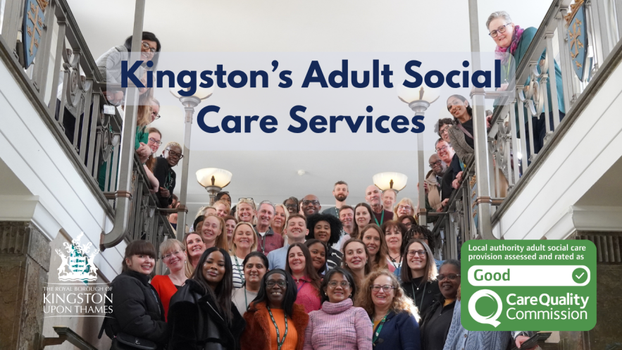 A group of Adult Social Care staff at Kingston council, are stood on stairs, look at camera and smiling. 