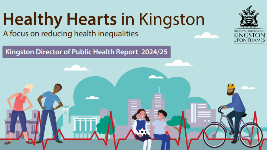 Cover of the Healthy Hearts in Kingston Director of Public Health Annual Report 2024-25. features a colour drawing of a schene in Kingston with an adult couple doing stretch exercises on the left, a young girl and boy sitting on a bench holding a football and an older person riding a bike. Across the bottom part of the image is a red graph line similar to a heart monitor signal.