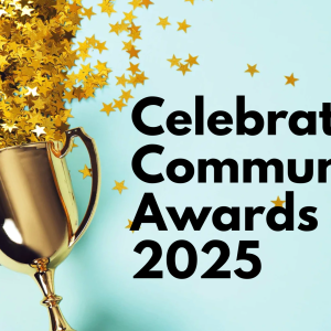 A gold cup with gold stars erupting out of it with the words celebrating communities awards 2025