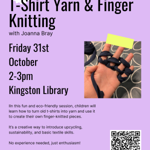 A purple poster detailing the free Finger Knitting Workshop taking place at Kingston Library between 2pm and 3pm on Friday 31 October